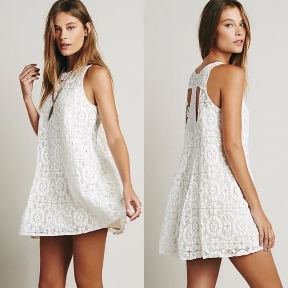 Free People Dresses & Skirts - FREE People Wallflower Cream Nude Lace Tent Style Peek-a-boo Back Mini Dress L